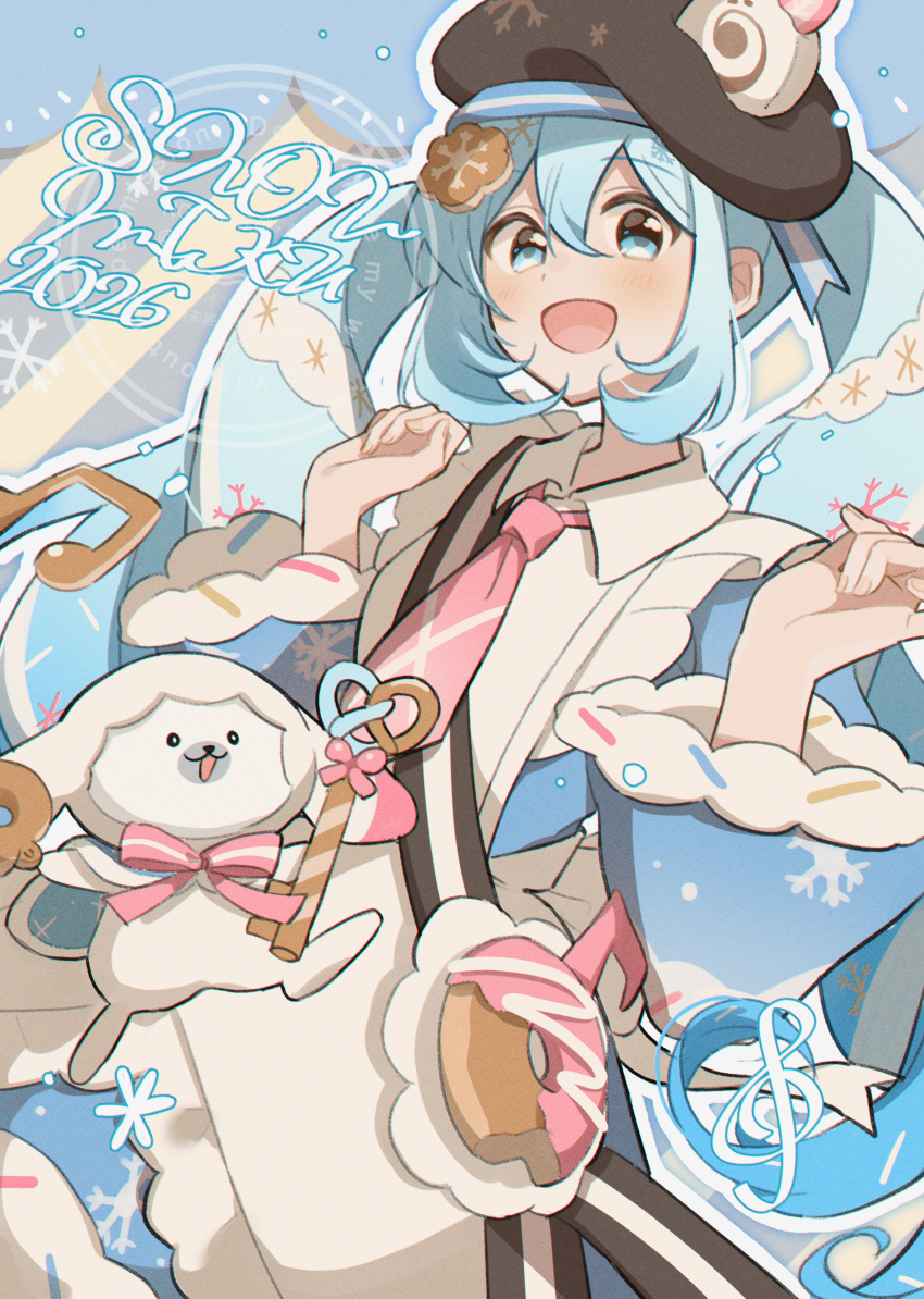 1girl, absurdres, animal, apron, aqua_eyes, aqua_hair, blue_bow, blue_dress, blue_eyes, blue_hair, blue_sleeves, blush, bow, bowtie, brown_hat, character_name, commentary_request, detached_sleeves, dress, dress_bow, fingernails, food-themed_clothes, food-themed_hat_ornament, frilled_apron, frills, fur-trimmed_dress, fur-trimmed_sleeves, fur_trim, hair_between_eyes, hair_ornament, hat, hat_ornament, hatsune_miku, highres, long_hair, long_sleeves, looking_at_viewer, necktie, official_alternate_costume, official_alternate_hairstyle, open_mouth, pink_necktie, puffy_sleeves, rabbit_yukine, short_sleeves, snowflake_print, tasi_y, twintails, two-tone_sleeves, very_long_hair, vocaloid, wavy_hair, white_apron, yuki_miku, yuki_miku_(2026)