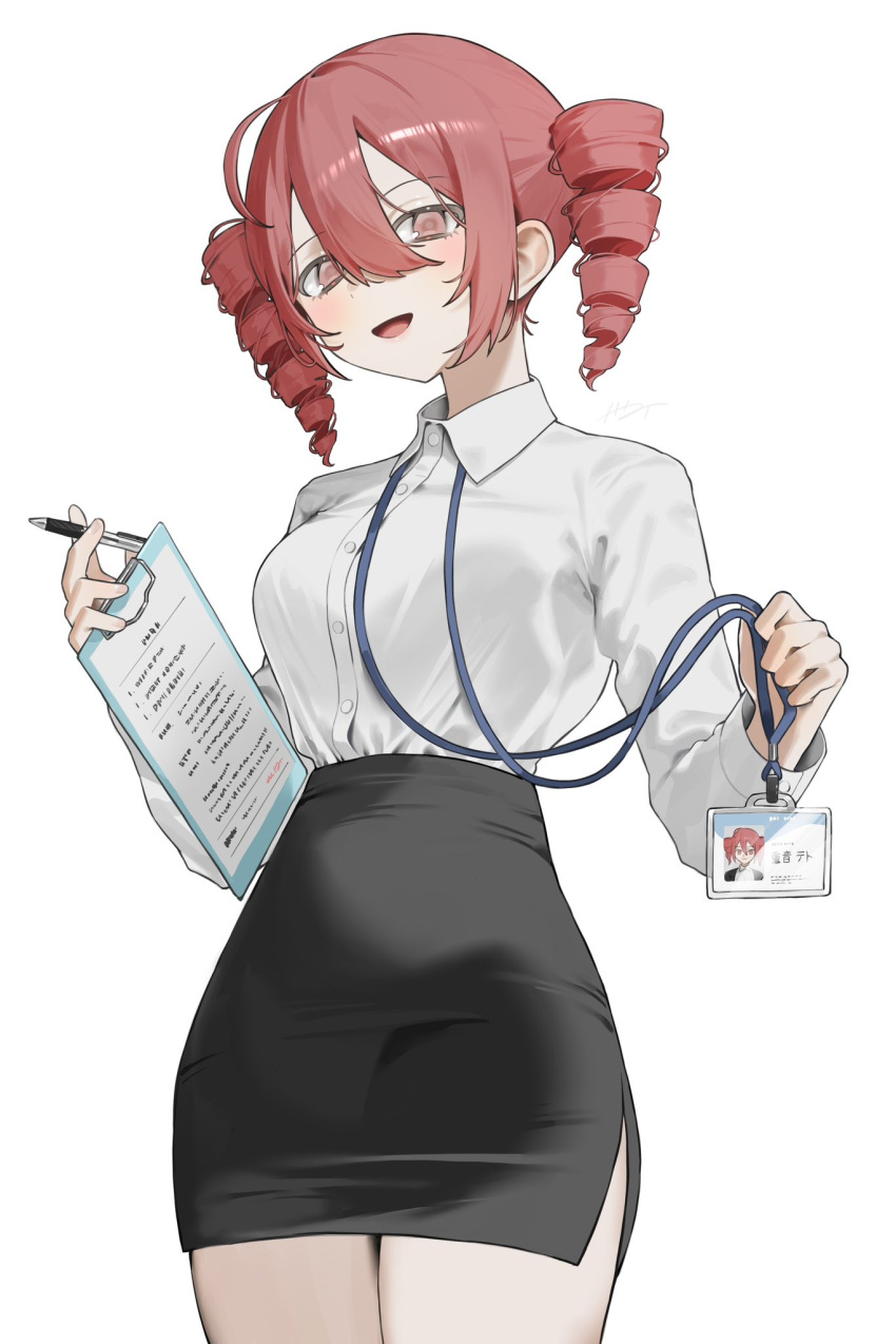 1girl, ahoge, alternate_costume, black_skirt, breasts, center-flap_bangs, clipboard, commentary