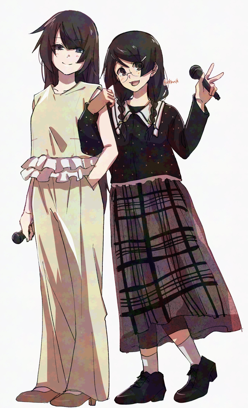 2girls, :d, absurdres, alternate_costume, alternate_hair_color, black_hair, black_shirt, black_shoes