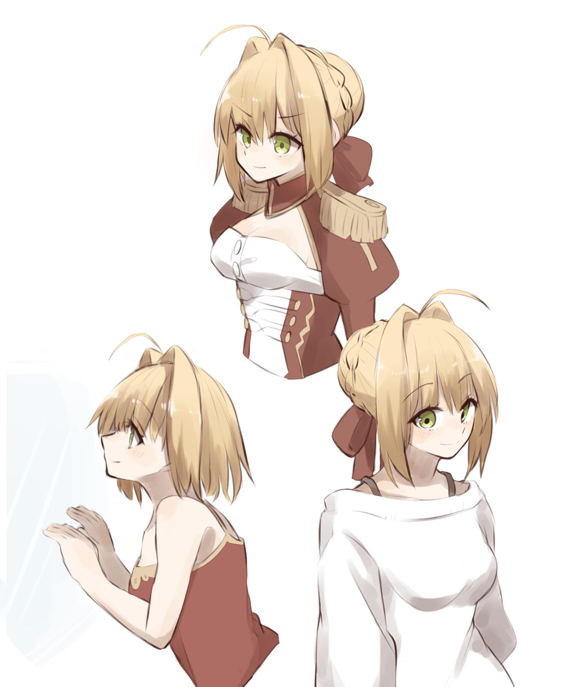 1girl, 46isky21, ahoge, bare_shoulders, blonde_hair, bow, braid, breasts