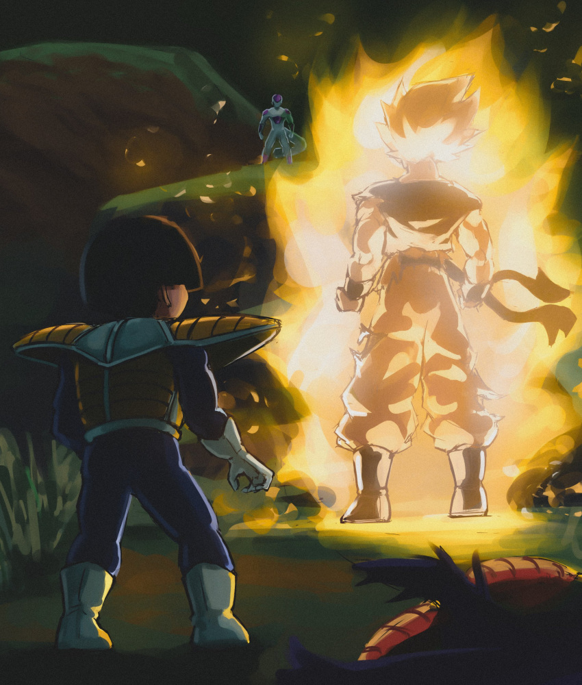 4boys, absurdres, aura, battle, black_boots, black_hair, blonde_hair, blue_bodysuit