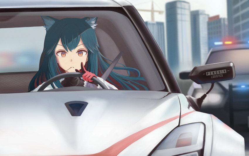1girl, absurdres, animal_ear_fluff, animal_earrings, animal_ears, arknights, black_shirt, blue_eyes
