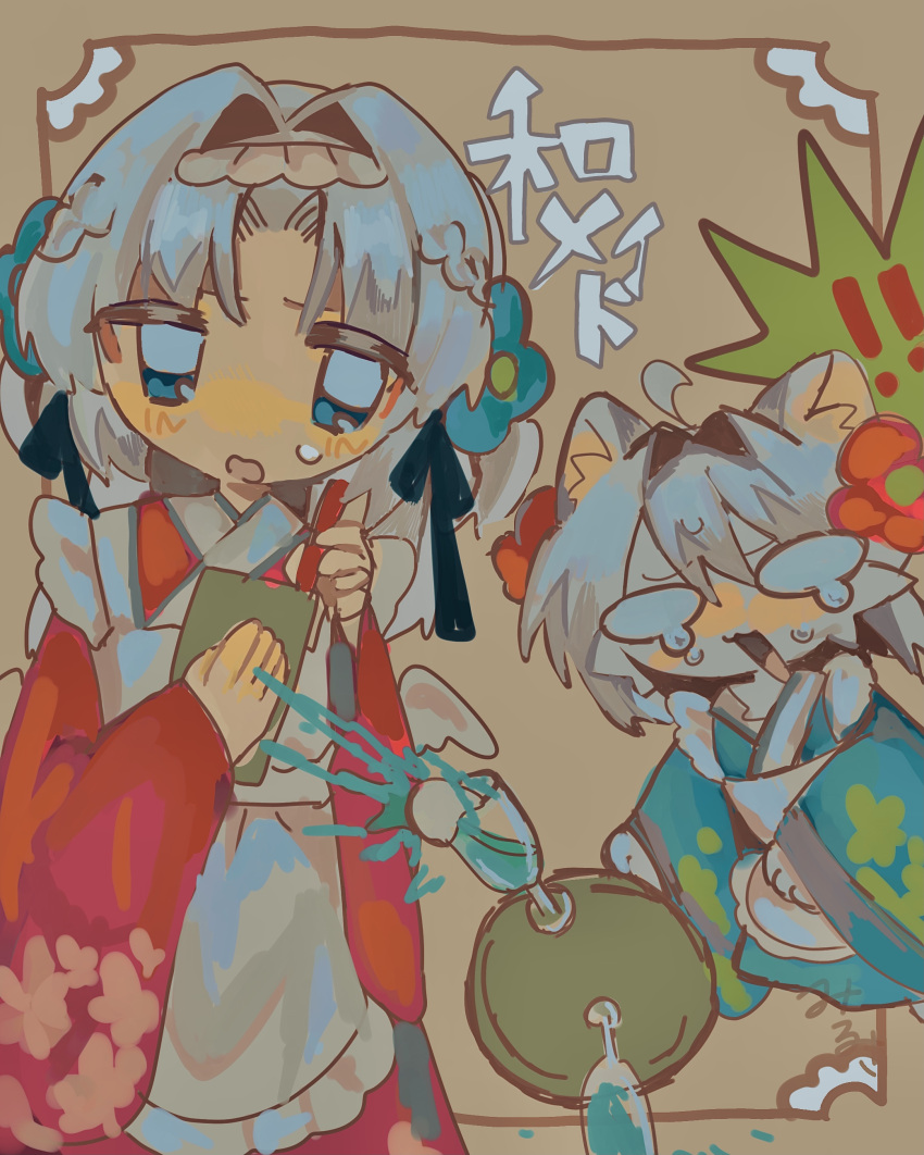 2girls, absurdres, animal_ears, apron, blue_flower, blue_kimono, cat_ears, cat_girl