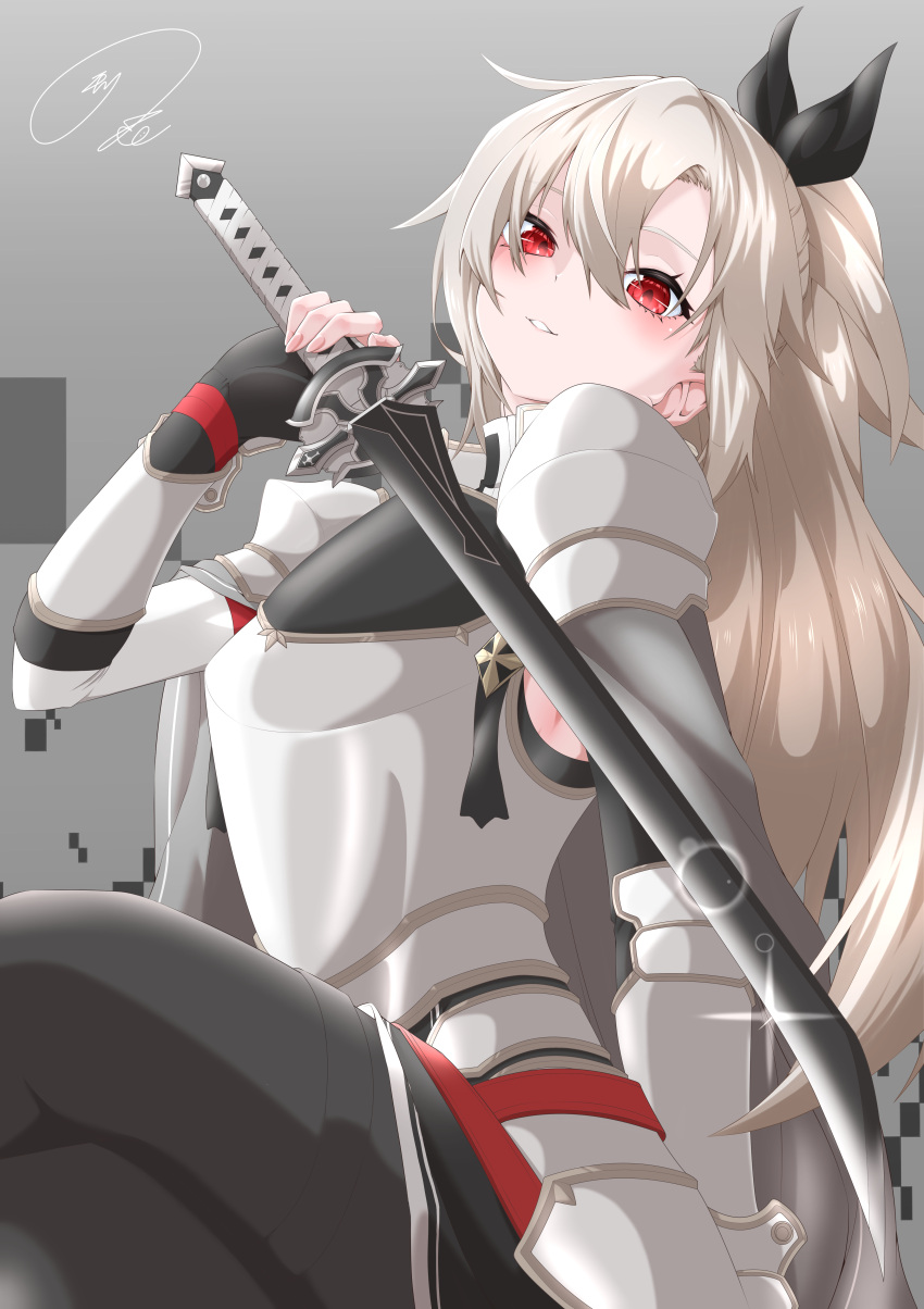 1girl, absurdres, armor, black_armor, black_gloves, black_pants, black_ribbon, breasts