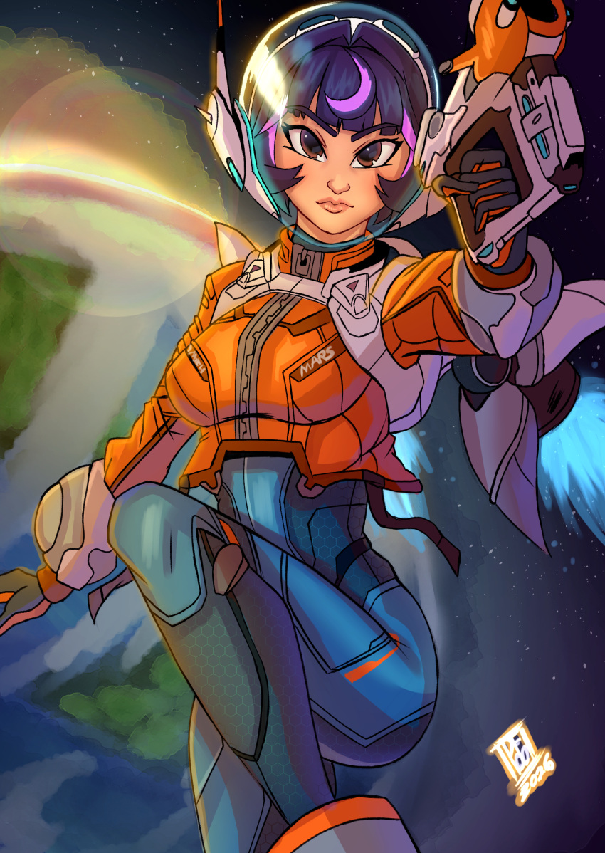 astronaut, blizzard_entertainment, brown_eyes, commentary, darkfang100, earth_(planet), english_commentary, gloves, highres, holding, holding_weapon, jacket, jetpack, juno_(overwatch), lipstick, looking_up, makeup, overwatch, planet, purple_hair, skin_tight, space, spandex, weapon