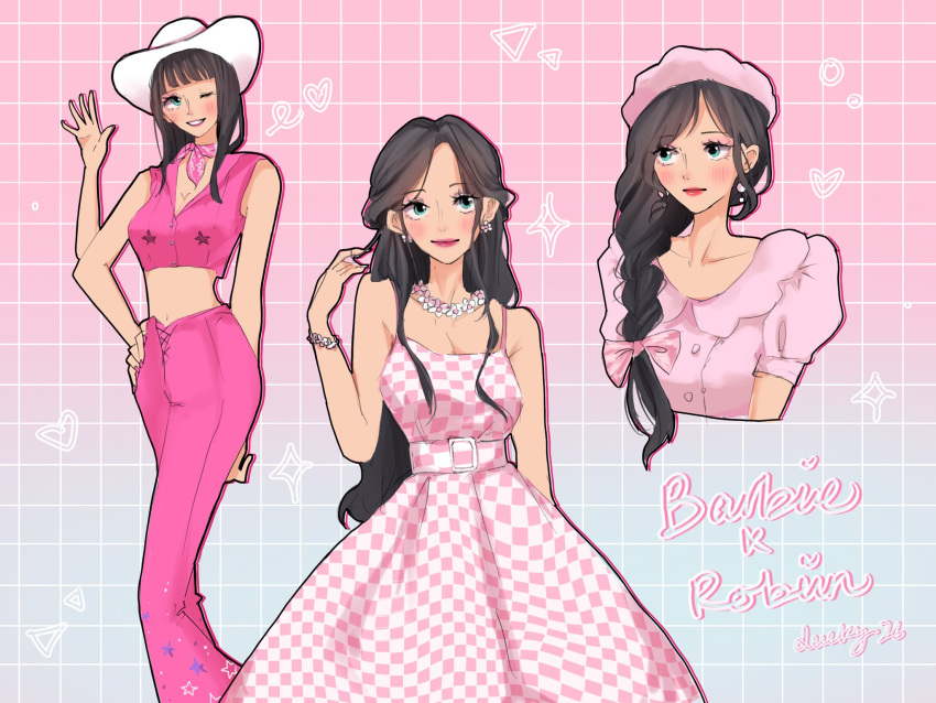 1girl, barbie_(character), barbie_(character)_(cosplay), barbie_(franchise), barbie_(live_action), black_hair, blue_eyes, blunt_bangs