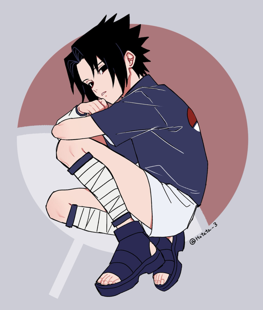 1boy, bandaged_leg, bandages, black_eyes, black_hair, blue_shirt, collared_shirt, commentary_request, from_side, full_body, highres, hotata_3, looking_at_viewer, male_focus, naruto_(classic), naruto_(series), parted_lips, sandals, shirt, short_hair, short_sleeves, shorts, solo, spiky_hair, twitter_username, uchiha_sasuke, white_shorts