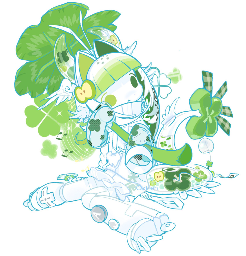 1other, androgynous, antennae, apple, apple_hair_ornament, apple_slice, blunt_bangs, clover, clover_print, colored_skin, commentary, controller, cyber_fashion, food, food-themed_hair_ornament, four-leaf_clover, frilled_skirt, frills, fruit, frutiger_aero, game_controller, gingham_ribbon, gradient_hair, green_apple, green_eyes, green_hair, green_theme, hair_ears, hair_intakes, hair_ornament, head_wings, heisei_retro, heterochromia, highres, jacket, long_sleeves, multicolored_hair, musical_note, original, other_focus, push-button, qxtten, roller_skates, see-through_clothes, see-through_horns, see-through_sleeves, see-through_tail, short_hair, sidelocks, simple_background, sitting, skates, skirt, solo, sparkle, symbol-only_commentary, track_jacket, two-tone_hair, wariza, white_background, white_hair, white_jacket, white_skin, white_skirt, white_theme, wii_remote, wind_chime, wings