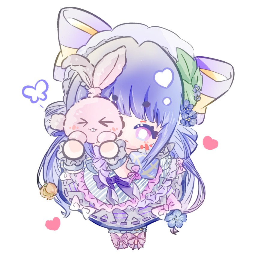 >_<, 1girl, animal, apron, beret, blue_flower, blunt_bangs, blush, blushbunny_(infinity_nikki), bow, bright_pupils, bug, butterfly, chibi, chinese_commentary, circle_skirt, closed_mouth, commentary_request, country_lolita, double_bun, dress, eyelashes, flower, footwear_bow, frilled_anklet, frilled_apron, frilled_sleeves, frilled_wrist_cuffs, frills, grey_apron, grey_dress, guayanshaoyuhuangshaotian85937, hair_bun, hat, hat_bow, hat_flower, hat_ornament, heart, highres, holding, holding_animal, holding_rabbit, infinity_nikki, large_bow, leaf_hat_ornament, lolita_fashion, long_hair, looking_at_viewer, low_twintails, medium_dress, nikki_(series), one_eye_covered, plaid_bow, plaid_clothes, plaid_sleeves, puffy_short_sleeves, puffy_sleeves, purple_bow, purple_hair, purple_hat, purple_shoes, purple_wrist_cuffs, rabbit, ribbon-trimmed_dress, ribbon_trim, shoes, short_sleeves, simple_background, single_stripe, sleeve_bow, solo, standing, striped_apron, striped_bow, striped_clothes, twintails, very_long_hair, violet_eyes, waist_bow, wavy_mouth, whispers_of_bliss_(infinity_nikki), white_background, white_pupils, wrist_cuffs