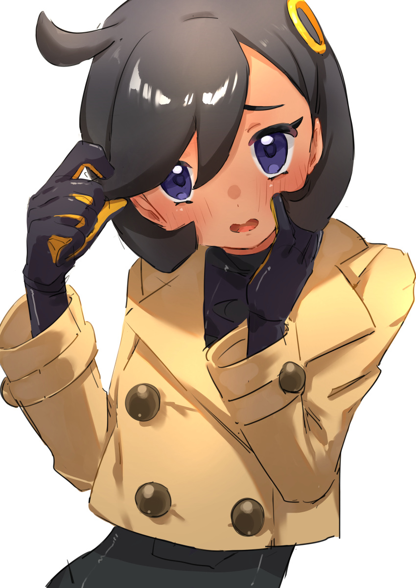 1girl, absurdres, black_bodysuit, black_gloves, black_hair, bodysuit, bodysuit_under_clothes, brown_jacket