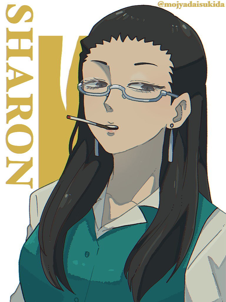 1girl, black_eyes, black_hair, breasts, character_name, commentary_request, earrings, green_vest