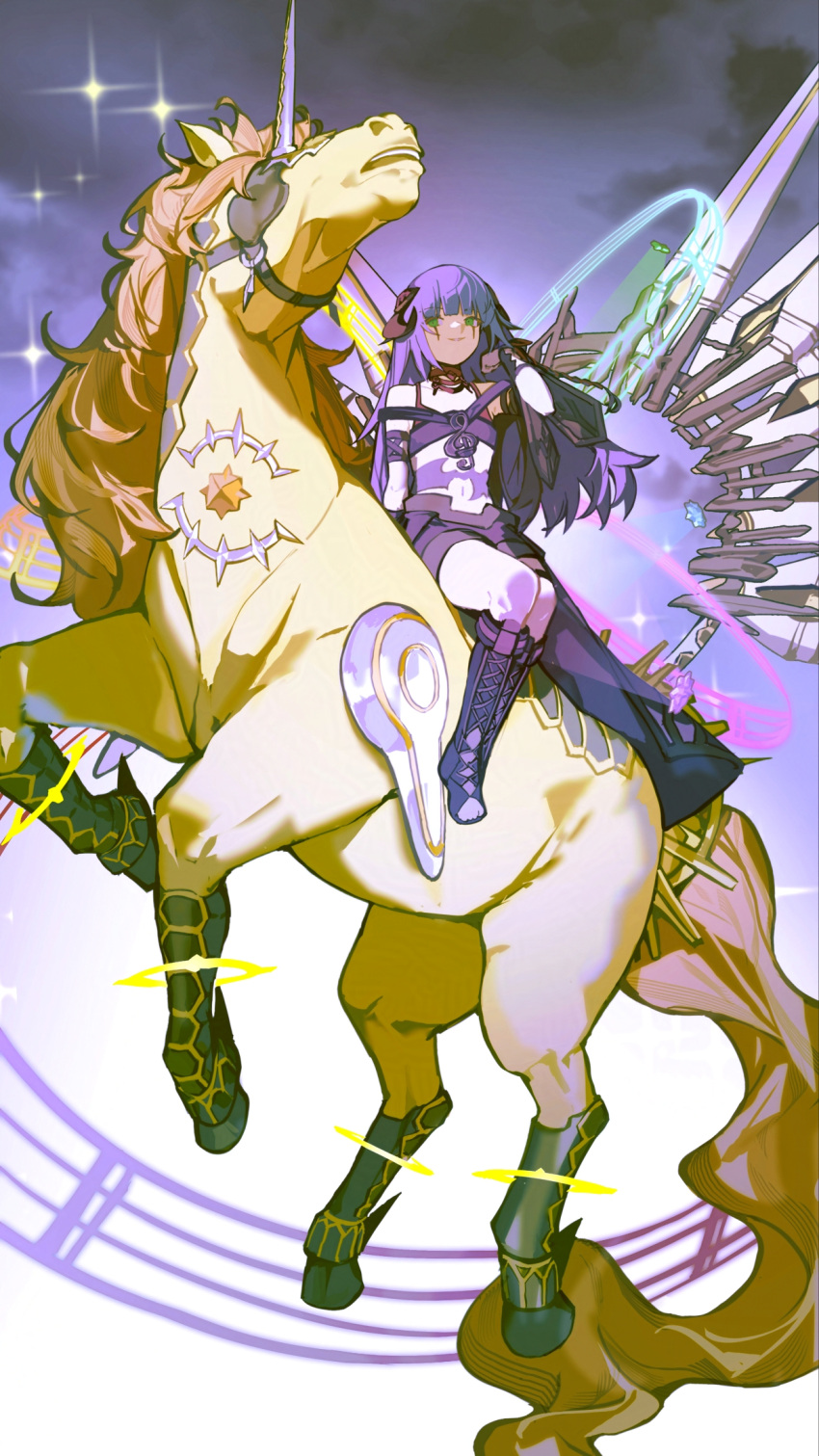 1girl, commentary, duel_monster, facial_mark, gem, green_eyes, highres, horns, ib_(yu-gi-oh!), knightmare_corruptor_iblee, knightmare_unicorn, light_smile, long_hair, midriff, navel, purple_hair, riding, sen-jou, single_horn, thigh_strap, unicorn, yu-gi-oh!