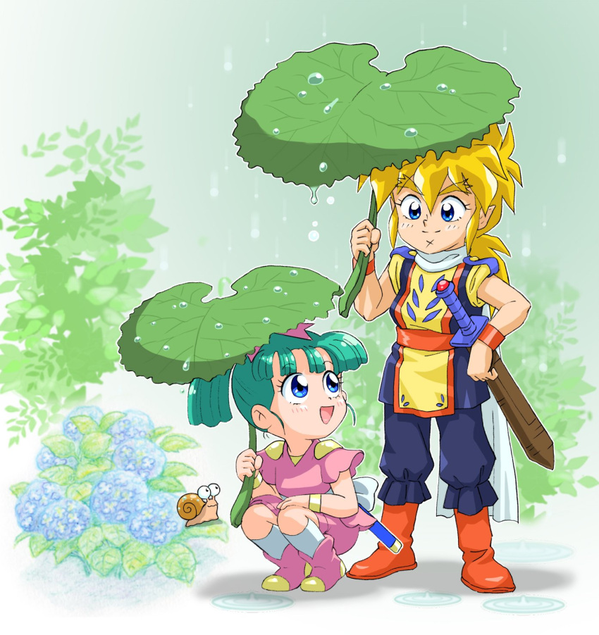 1boy, 1girl, after_rain, animal, aqua_hair, blonde_hair, blue_eyes, blue_flower