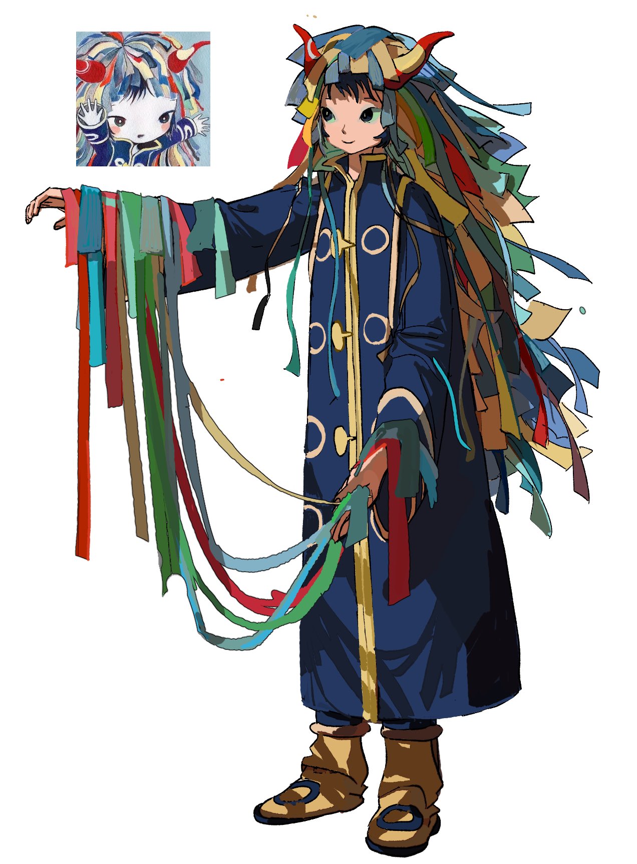 1boy, androgynous, black_eyes, black_hair, blue_coat, boots, cantholdus_dng, coat, fake_horns, headdress, highres, horned_headwear, horns, hoshi-kun_(kikuo), kikuo, male_focus, reference_inset, short_hair, simple_background, standing, white_background