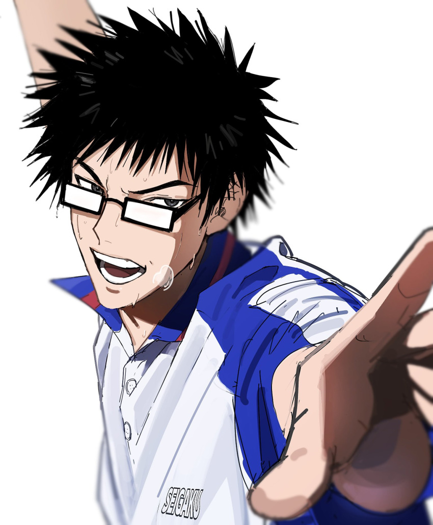 1boy, arm_up, black-framed_eyewear, black_hair, collared_shirt, commentary_request, highres, inui_sadaharu