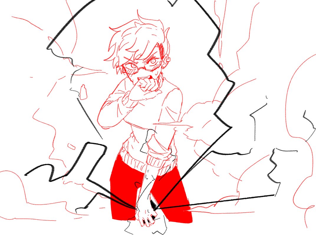 1girl, blush, commentary, cropped_legs, dust, glasses, holding, lineart