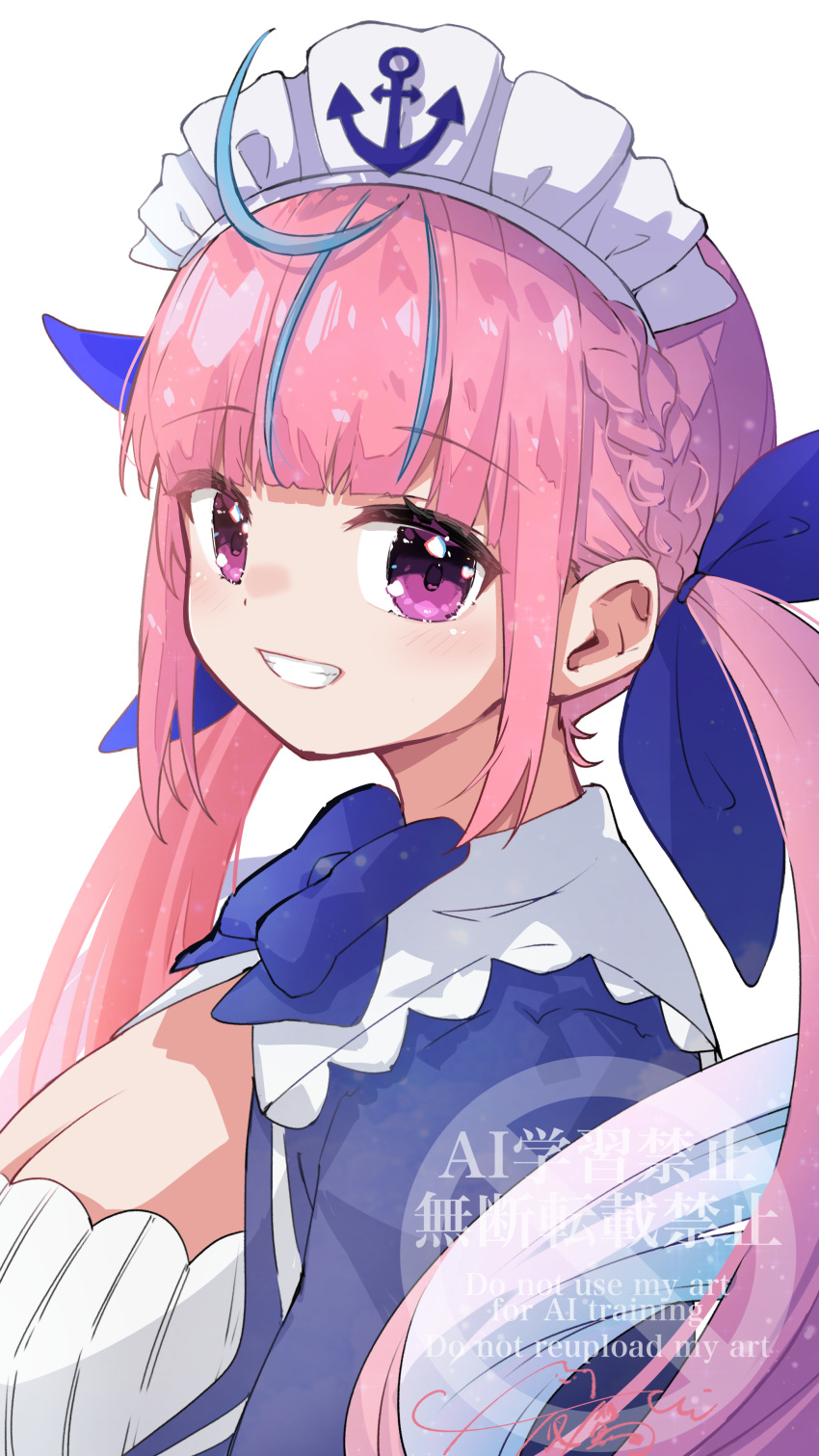 1girl, absurdres, ahoge, blue_bow, blue_dress, blue_streaks, bow, closed_mouth