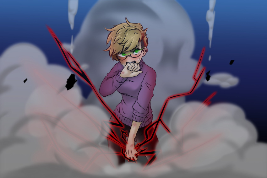 1girl, alex_goers, black_pants, blonde_hair, blue_background, blush, colorized, commentary