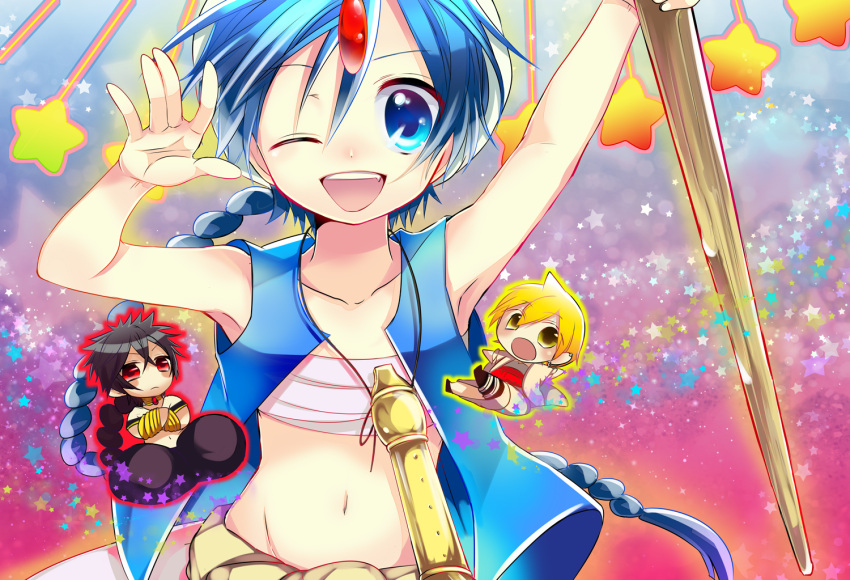 @shimapan, aladdin_(magi), ali_baba_saluja, black_hair, blonde_hair, blue_eyes, blue_hair, braid