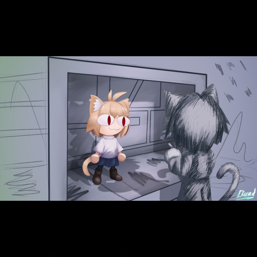 1boy, 1girl, :3, animal_ear_fluff, animal_ears, antenna_hair, artfulburd, artist_name