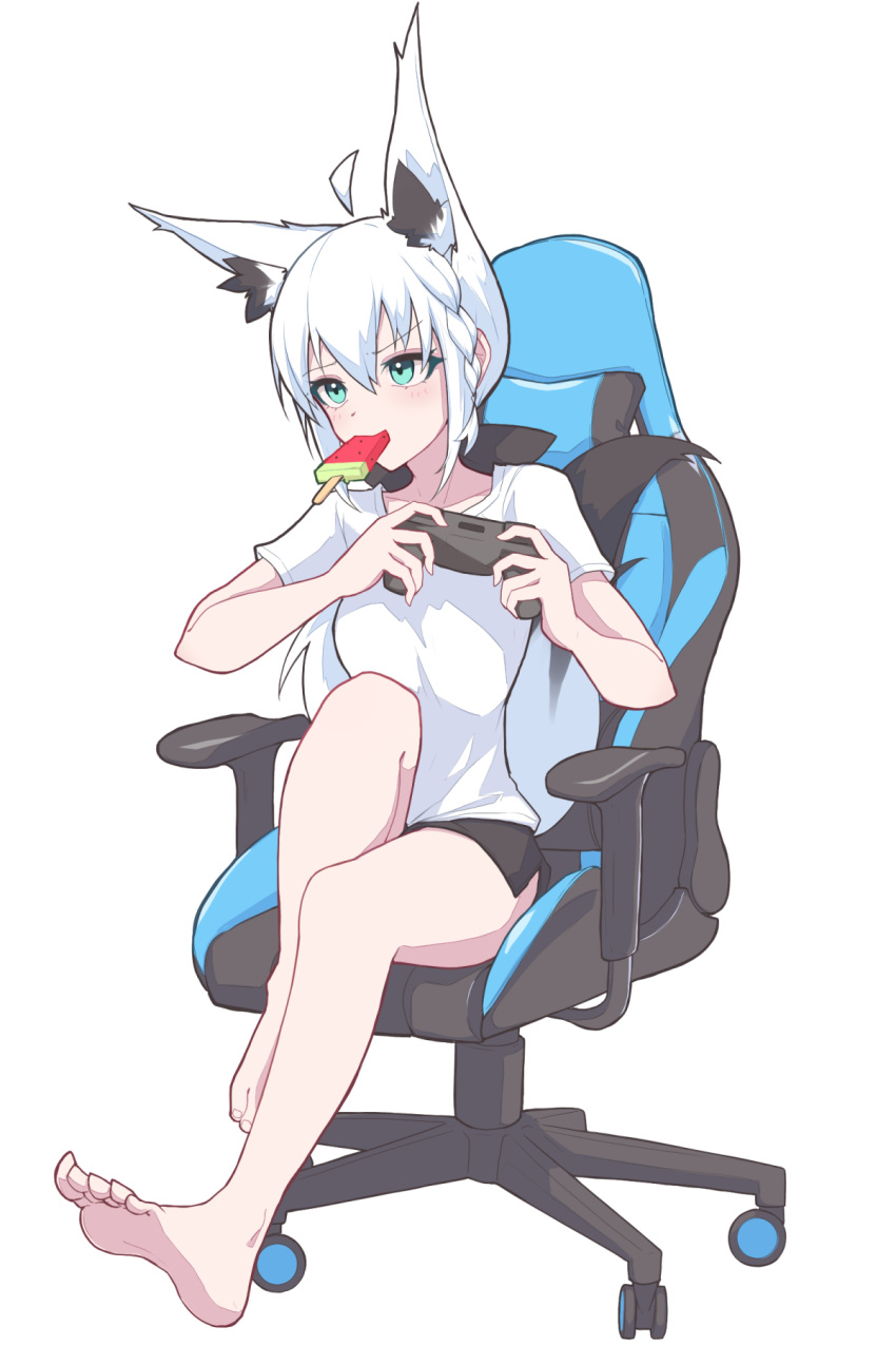 1girl, ahoge, alternate_costume, animal_ear_fluff, animal_ears, barefoot, black_ribbon, black_shorts, blue_eyes, braid, casual, chair, controller, double-parted_bangs, eihire, food, food_in_mouth, fox_ears, fox_girl, fox_tail, full_body, game_controller, gaming_chair, hair_between_eyes, hair_ribbon, hashtag-only_commentary, highres, holding, holding_controller, holding_game_controller, hololive, long_hair, loungewear, low_ponytail, monkey_ears, monkey_girl, no_piercings, on_chair, playing_games, ponytail, popsicle, popsicle_in_mouth, ribbon, shirakami_fubuki, shirt, short_shorts, short_sleeves, shorts, side_braid, side_slit, side_slit_shorts, simple_background, solo, swivel_chair, t-shirt, tail, virtual_youtuber, watermelon_bar, white_background, white_hair, white_shirt, white_t-shirt