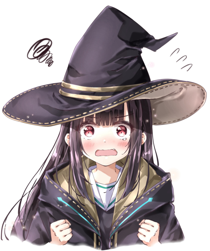 1girl, alternate_hairstyle, ayaro_(genkiloobaii), black_hair, black_hat, black_robe, blunt_bangs, blush