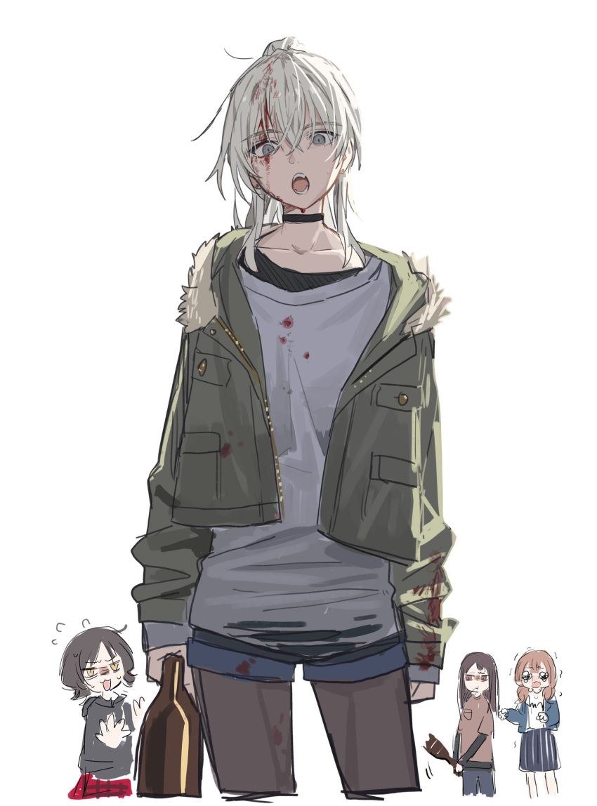 4girls, :3, ai_(girls_band_cry), black_choker, black_hair, black_pantyhose, black_shirt, blood
