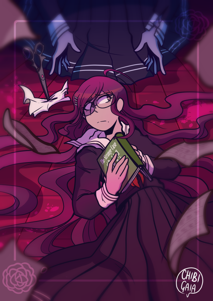 2girls, antenna_hair, artist_name, blood, blood_on_ground, blurry, book, border, chibigaia, closed_mouth, collared_shirt, commentary, danganronpa_(series), danganronpa_another_episode:_ultra_despair_girls, dual_persona, english_commentary, english_text, eyelashes, flying_paper, fukawa_toko, genocider_sho, glasses, hair_between_eyes, holding, holding_book, indoors, long_hair, long_skirt, long_sleeves, merchandise_available, messy_hair, mole, mole_under_mouth, multiple_girls, neckerchief, paper, pink_blood, purple_hair, purple_serafuku, purple_shirt, purple_skirt, red_neckerchief, sailor_collar, school_uniform, scissors, serafuku, shirt, skirt, skirt_set, solo_focus, split_mouth, tile_floor, tiles, torn_clothes, torn_neckerchief, torn_sleeve, very_long_hair, white_sailor_collar