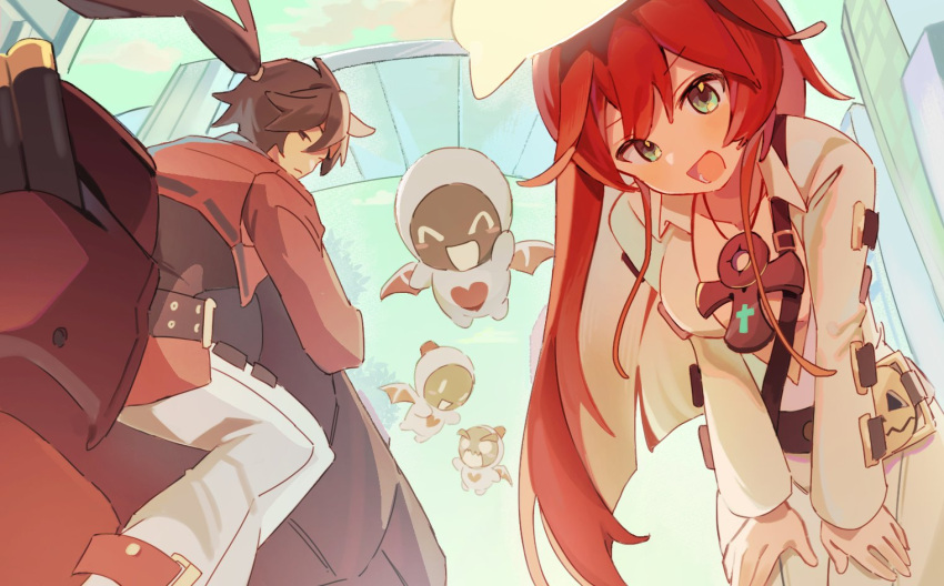 1boy, 1girl, ankh, bodysuit, brown_hair, cleavage_cutout, clothing_cutout, green_eyes