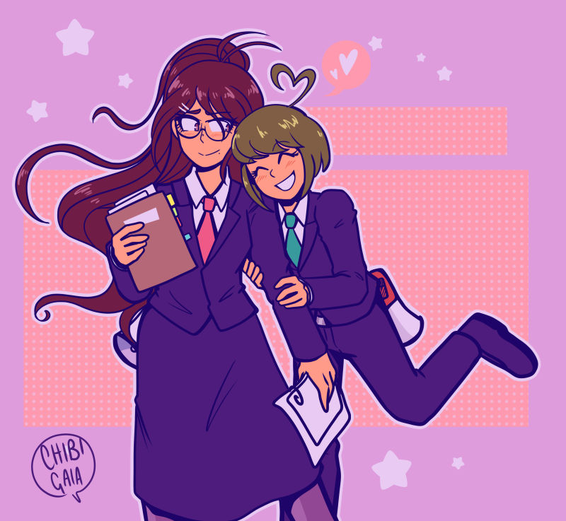 2girls, ^_^, ahoge, alternate_costume, alternate_hairstyle, antenna_hair, aqua_necktie, arm_hug