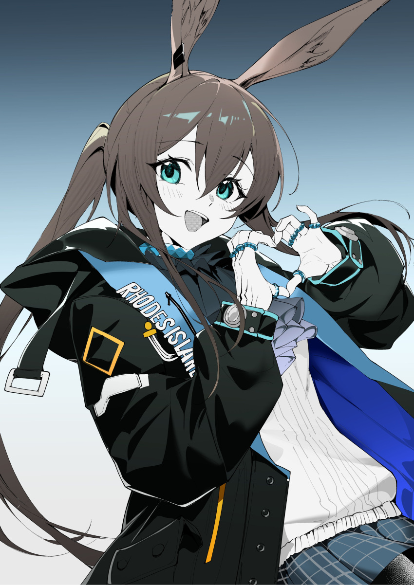 1girl, :d, absurdres, amiya_(arknights), animal_ears, aqua_eyes, arknights, black_jacket