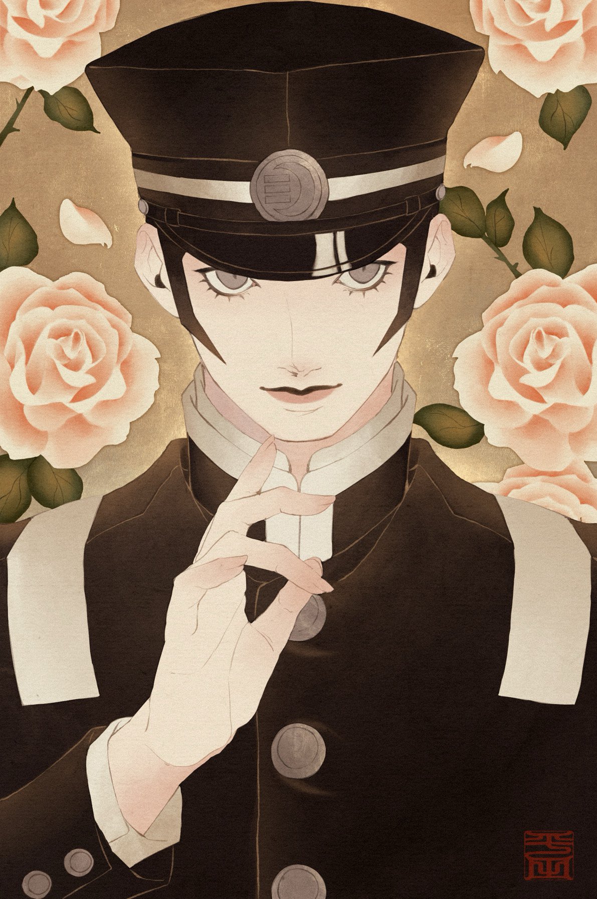 1boy, black_hair, black_jacket, commentary_request, devil_summoner:_raidou_kuzunoha_vs_the_soulless_army, devil_summoner_(series), flower, gakuran