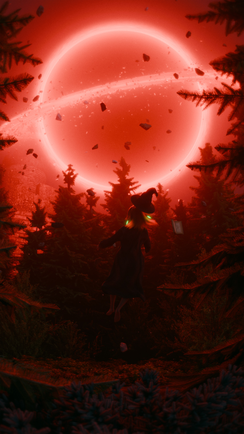1girl, 3d, absurdres, black_hole, book, commentary, doom_(mage_arena), dress