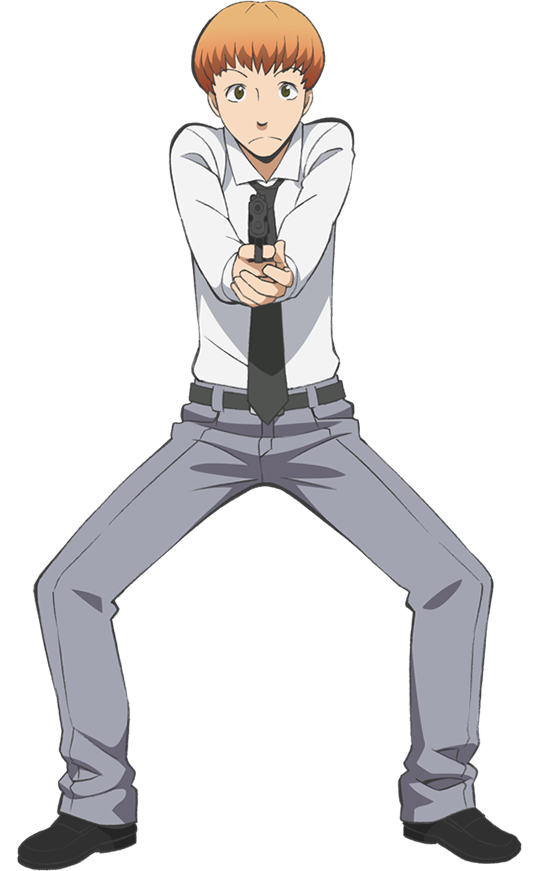 1boy, aiming, aiming_at_viewer, anime_coloring, ansatsu_kyoushitsu, belt, black_belt, black_necktie
