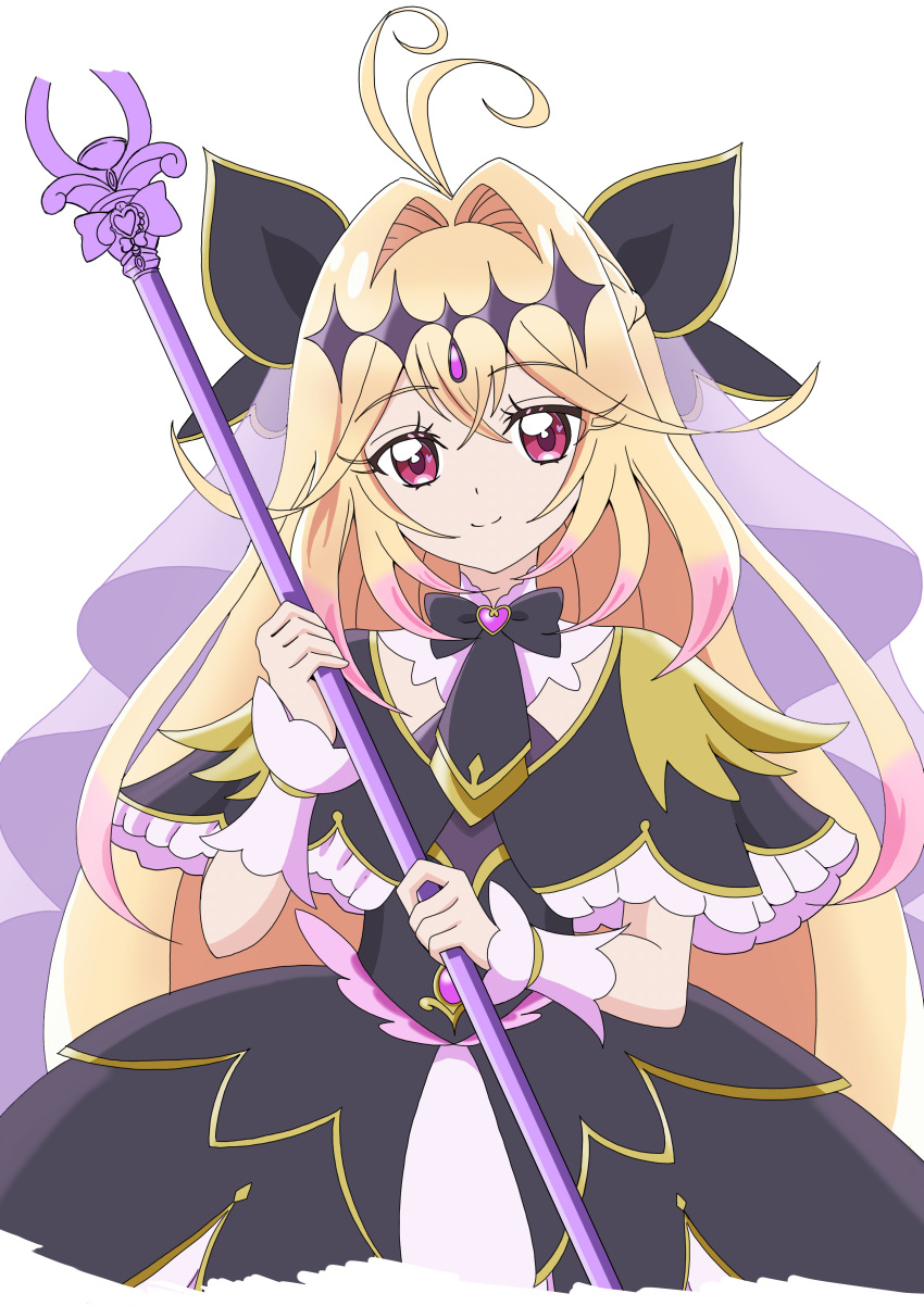 1girl, absurdres, antenna_hair, black_bow, black_capelet, black_dress, blonde_hair, bow