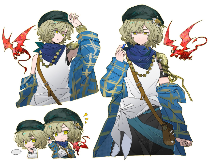 ..., 1girl, aged_down, armor, bag, black_pants, blonde_hair, blue_coat, blue_gem, blue_neckerchief, brown_bag, brume_(reverse:1999), chibi, chibi_inset, coat, commission, cropped_torso, dragon, dress, gem, green_hat, hand_up, hat, highres, holding, holding_gem, jewelry, jinzhi_jiamei, looking_at_object, looking_to_the_side, multiple_views, neckerchief, necklace, newsboy_cap, pants, reverse:1999, second-party_source, short_hair, shoulder_armor, shoulder_bag, single_bare_shoulder, small_dragon, smile, speech_bubble, spoken_ellipsis, tank_top, tied_tank_top, triangle_mouth, upper_body, white_dress, white_tank_top, yellow_eyes