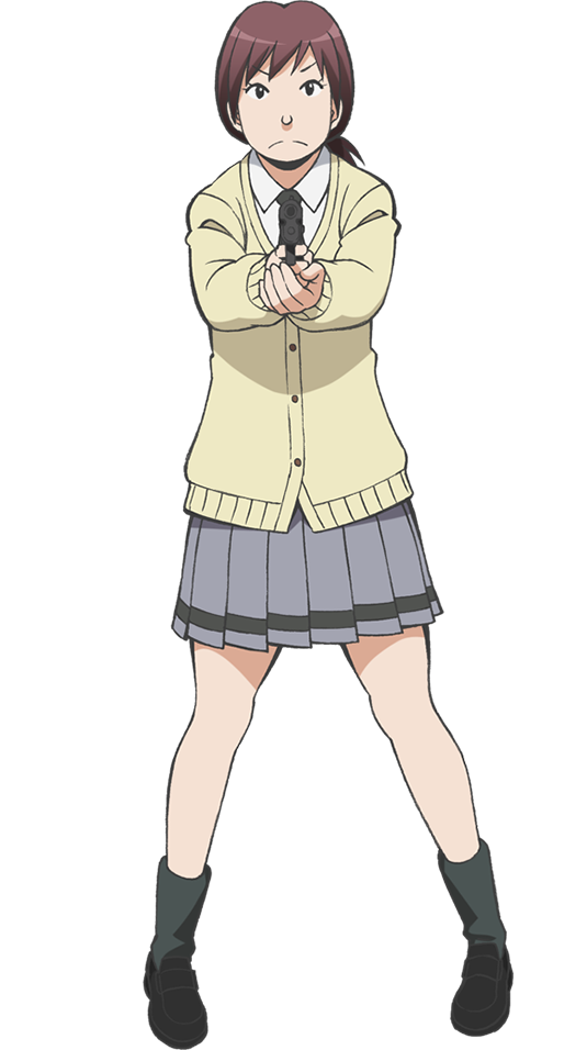 1girl, aiming, aiming_at_viewer, anime_coloring, ansatsu_kyoushitsu, black_eyes, black_necktie, black_shoes