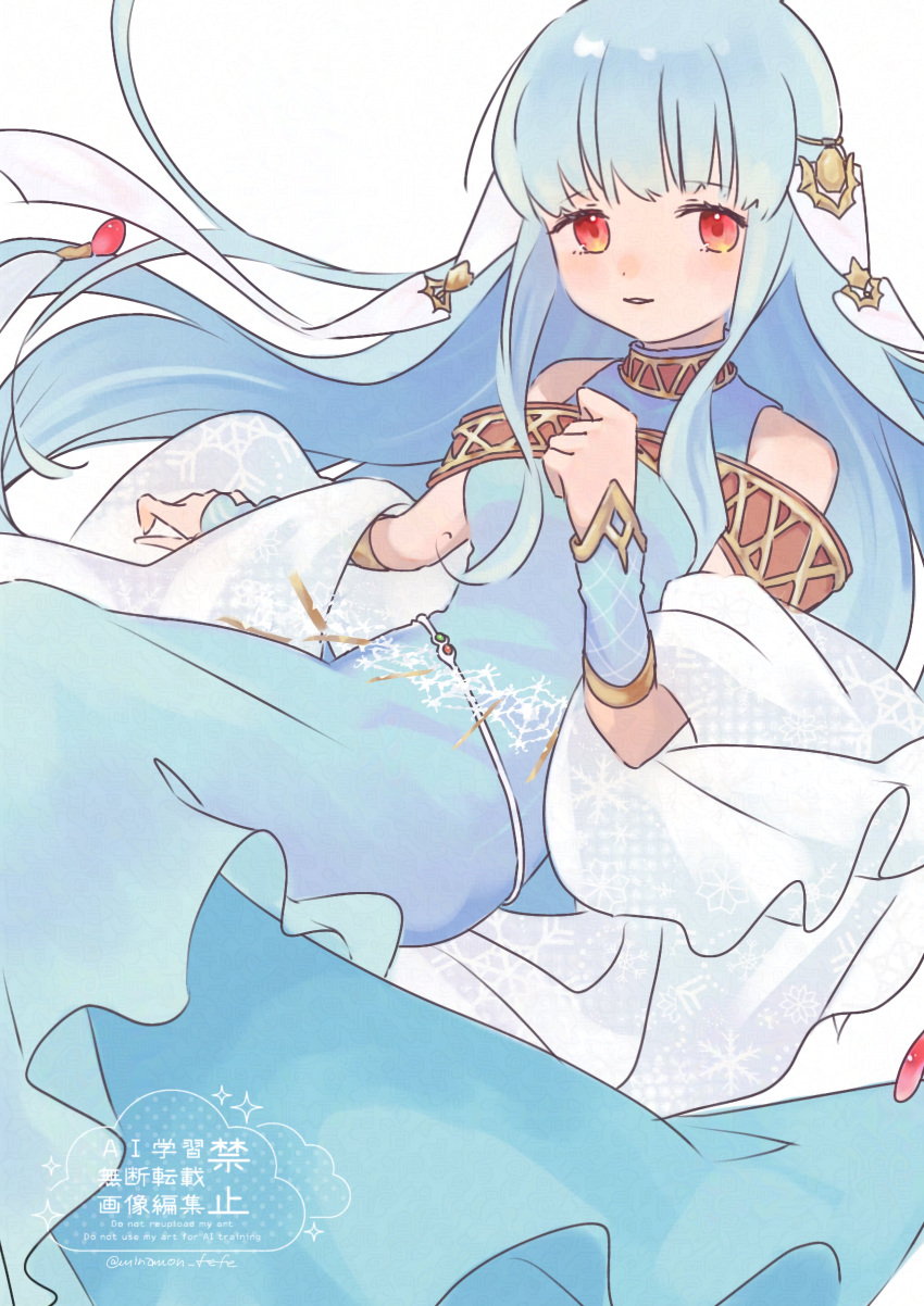 1girl, absurdres, blue_dress, blue_hair, commentary_request, dress, fire_emblem, fire_emblem:_the_blazing_blade, hair_ribbon, highres, long_hair, looking_at_viewer, ninian_(fire_emblem), parted_lips, red_eyes, ribbon, shawl, sleeveless, sleeveless_dress, smile, solo, sorane_amus, very_long_hair, white_background, white_ribbon, white_shawl