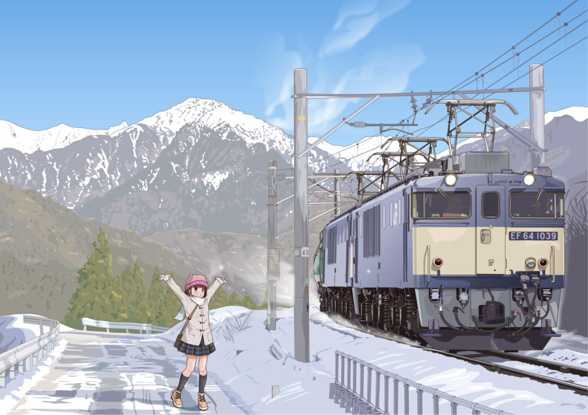 1girl, animal_hat, arms_up, bag, black_skirt, black_socks, blue_sky, blush