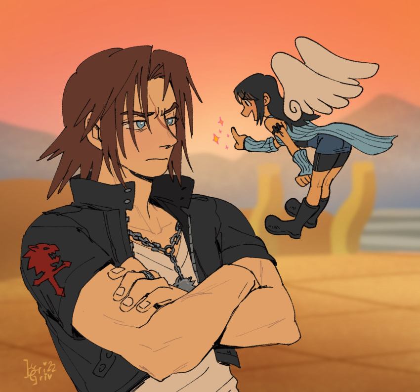 1boy, 1girl, angel_wings, arm_ribbon, artist_name, bare_shoulders, bike_shorts, bike_shorts_under_skirt