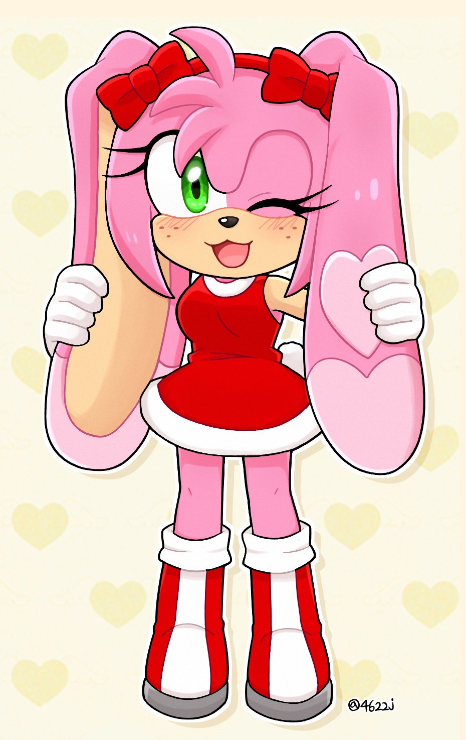 amy_rose, blush, blushbunny, blushing, blushing_at_viewer, blushing_female, boots, bunny_girl, bunny_tail, cute, floppy_ears, green_eyes, hair_tuft, heart_background, holding_ears, pink_fur, pink_hair, pink_legs, rabbit, rabbit_ears, rabbit_girl, rabbit_tail, red_boots, red_bow, red_dress, red_headband, sonic_(series), white_gloves, wink, winking