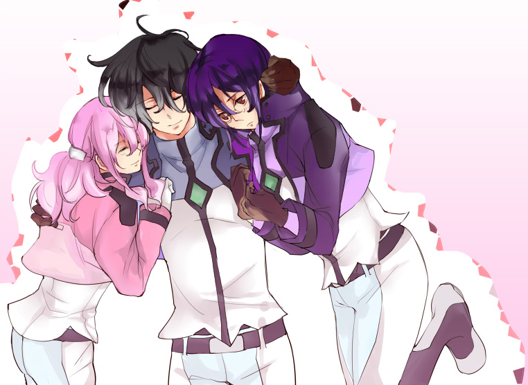 blush, closed_eyes, feldt_grace, glasses, gundam, gundam_00, jacket, long_hair, pink_hair, ponytail, purple_hair, seki_(kaguudou), seki_(pixiv681475), setsuna_f_seiei, smile, tieria_erde