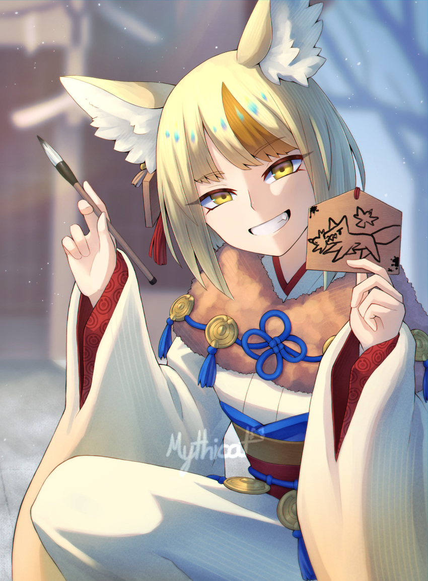 1girl, animal_ear_fluff, animal_ears, blonde_hair, commentary_request, fang, fire_emblem, fire_emblem_fates