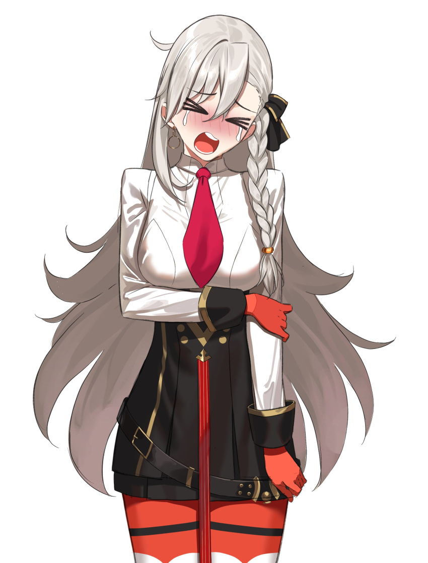 >_<, 1girl, absurdres, arm_under_breasts, asymmetrical_bangs, belt, belt_buckle, black_belt