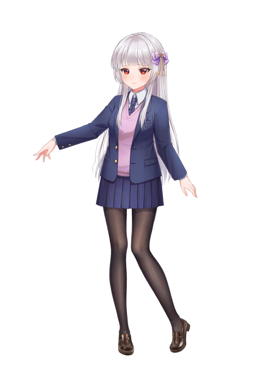 1girl, absurdres, black_pantyhose, blazer, blue_jacket, blue_necktie, blue_skirt, bow