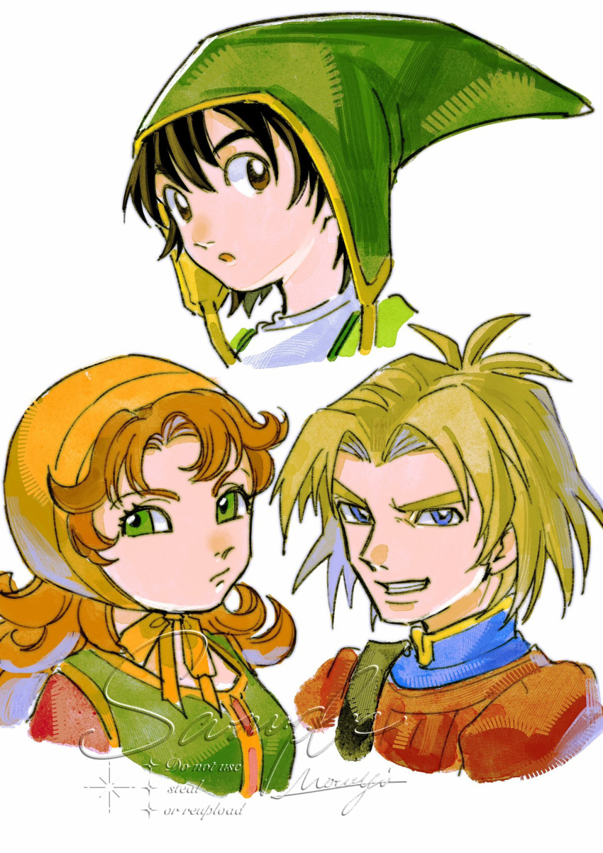 1girl, 2boys, artist_name, black_hair, blonde_hair, blue_eyes, brown_eyes, brown_hair