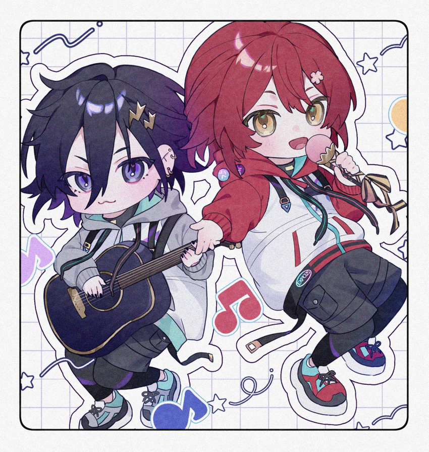10_io, 2boys, :3, acoustic_guitar, badge, black_hair, black_leggings, black_nails