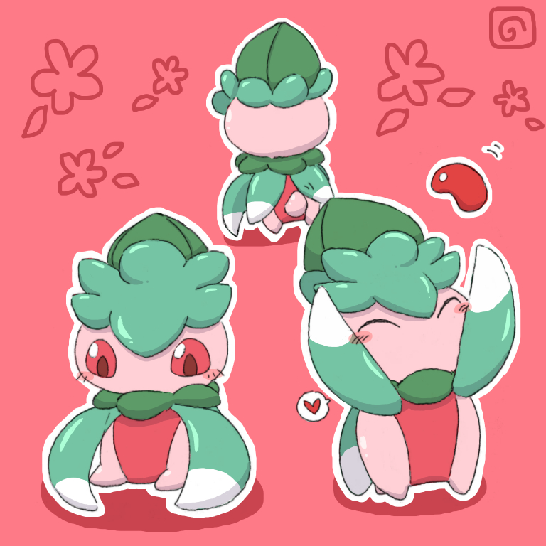 arms_up, blush, blush_stickers, closed_eyes, commentary_request, fomantis, from_behind, full_body, horubi_non, motion_lines, no_humans, no_mouth, outline, pink_background, poke_bean, pokemon, pokemon_(creature), pokemon_focus, red_eyes, simple_background, sitting, white_outline