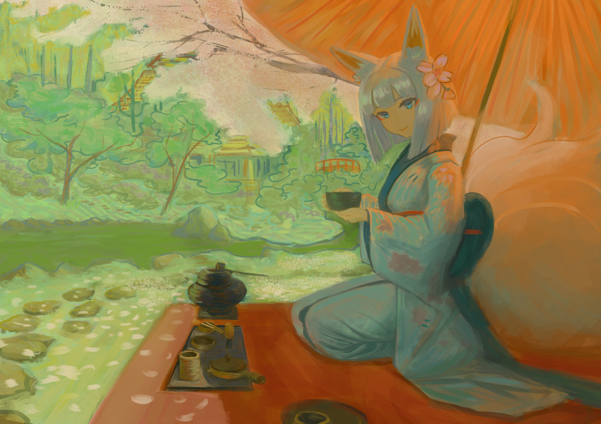 1girl, absurdres, animal_ear_fluff, animal_ears, azur_lane, blue_eyes, commentary, commission, cup, english_commentary, floral_print, floral_print_kimono, flower, fox_ears, fox_girl, fox_tail, hair_flower, hair_ornament, highres, holding, holding_cup, japanese_clothes, jpmc, kaga_(azur_lane), kaga_(gentle_blossom's_sigh)_(azur_lane), kimono, kitsune, kyuubi, long_sleeves, looking_at_viewer, multiple_tails, official_alternate_costume, oil-paper_umbrella, outdoors, pink_flower, print_kimono, red_umbrella, short_hair, solo, tail, tea_ceremony, umbrella, white_hair, white_kimono, white_tail, wide_sleeves