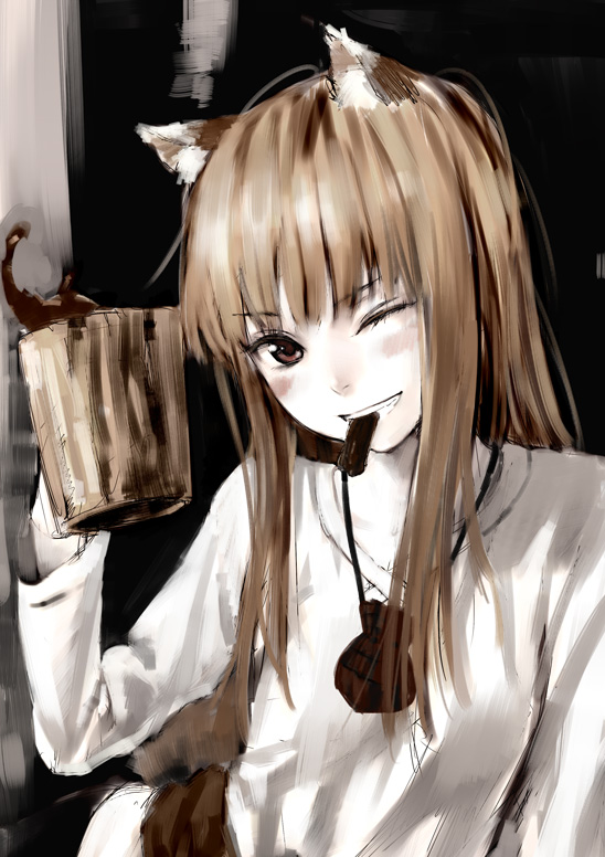 animal_ears, blush, brown_eyes, brown_hair, bust, cup, drink, grin